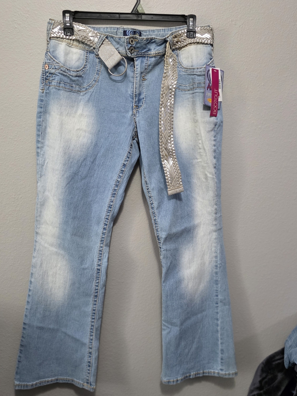 Vintage Y2K Angels Light Blue Bootcut Jeans with Silver Braided Belt